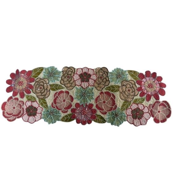 Nicole Miller Beaded Table Runner Pink Aqua Coral Floral 13" by 36" - Picture 1 of 6